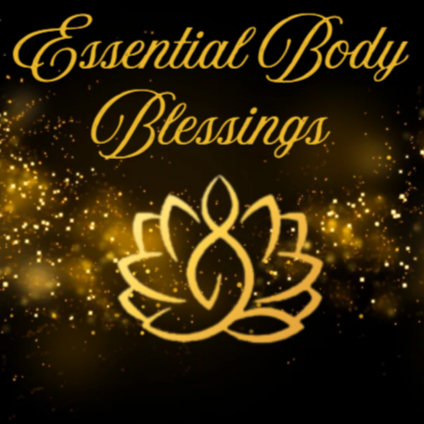 Logo for 'Essential Body Blessings' with a lotus flower design on a dark background with gold accents.